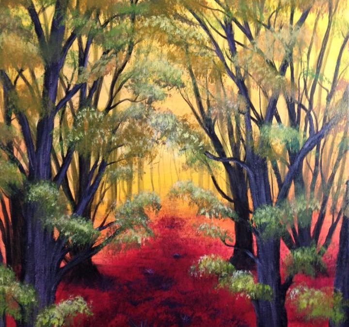 Red forest, acrylic painting on canvas